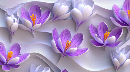 Fototapeta premium Purple and white crocus flowers on wavy background.