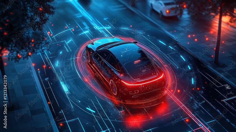 Poster futuristic smart car parking technology with autonomous features and digital interface in a high-tec