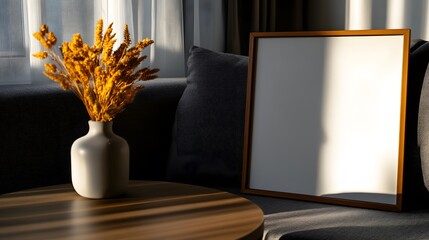 minimalist living room and on the wall there is an empty white frame, very aesthetic, and there is a pot too