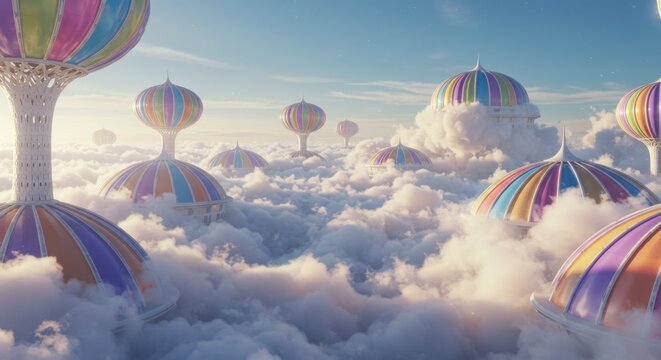 Whimsical Rainbow Domes: A Dreamlike Cloud Cityscape - Powered by Adobe