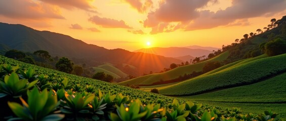 Serene sunrise over rolling hills and lush greenery