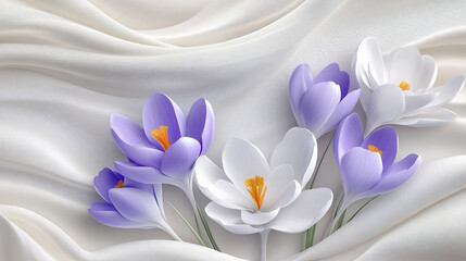 Purple and white crocuses on soft fabric.