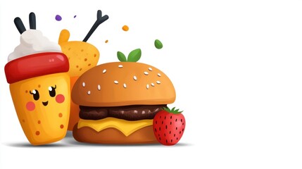 Cute Cartoon Food Characters with Burger, Milkshake, and Strawberry