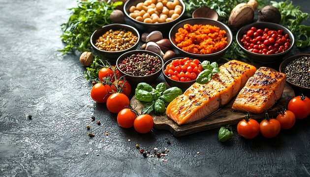 Top-down view assorted healthy dishes with a creative layout and space for customizable text