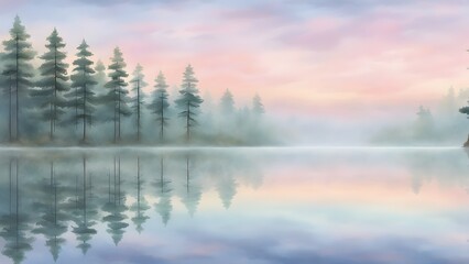 Fototapeta premium Serene pastel sunrise over a tranquil lake, mirrored by a misty pine forest.