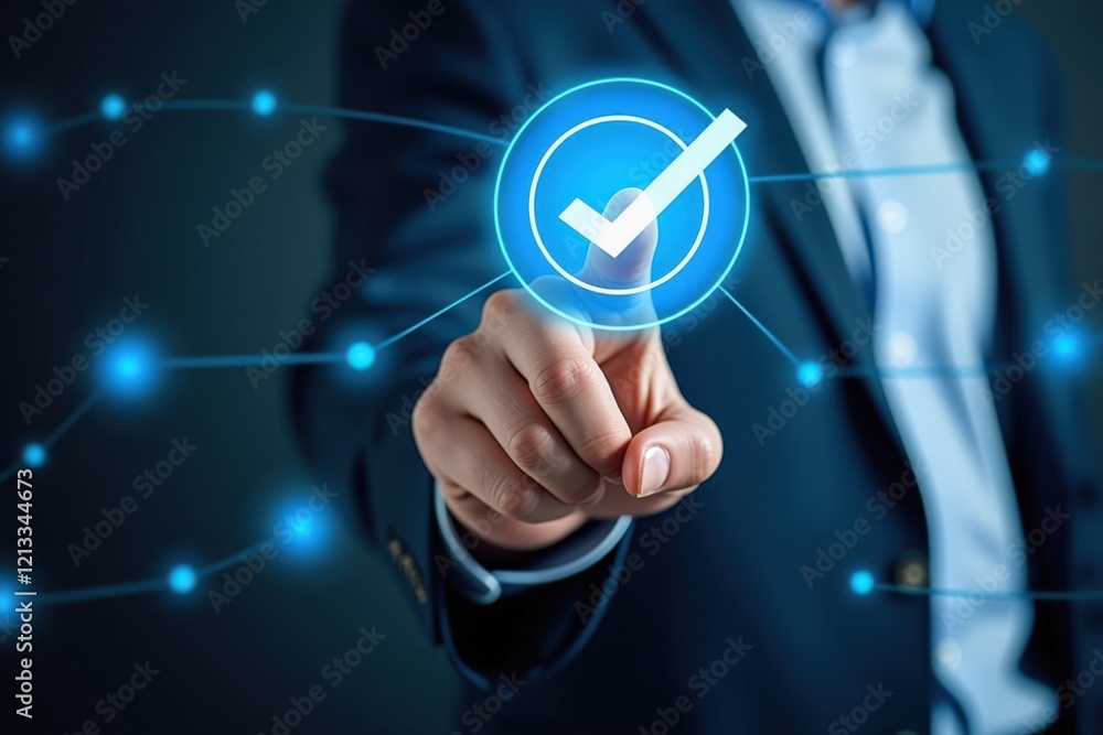 Poster a business professional activating a digital interface with a blue check mark, symbolizing successfu