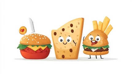 Fototapeta premium Cute Cartoon Characters of Burger, Cheese, and French Fries