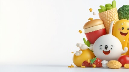 Obraz premium Cute Cartoon Vegetables and Snacks with Happy Faces on White Background