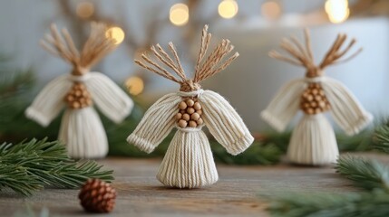 Fototapeta premium Small macrame angels crafted with twine and wooden beads, creating a delicate holiday charm