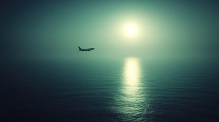 Airplane flying low over ocean at sunset.