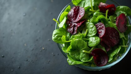 A close-up view of a bowl filled with fresh spinach leaves and thinly sliced beets, glistening with moisture. The rich green of the spinach contrasts beautifully with the deep red of the beets
