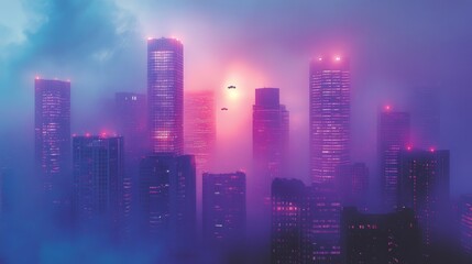 Fototapeta premium Futuristic city skyline shrouded in pink and purple fog at sunset, with flying vehicles.
