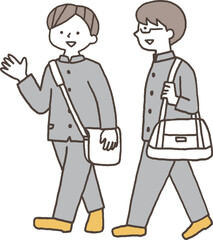 話しながら歩く男子学生単色