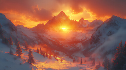 Fiery sunset over snow-capped mountains, valley, winter wonderland, travel poster