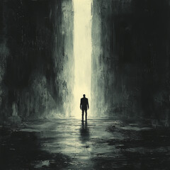 Fototapeta premium A lone figure stands before a bright passage