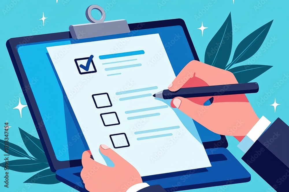 Poster cropped hand completing checklist on digital tablet with checkmark and blue background, symbolizing 