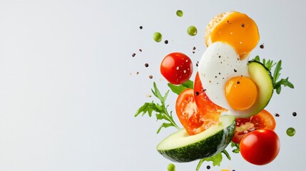 Colorful Flying Salad with Fresh Vegetables and Broken Eggs