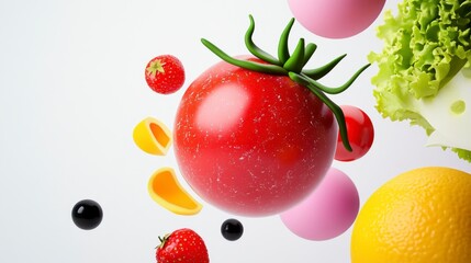 Colorful Floating Vegetables and Fruits on White Background