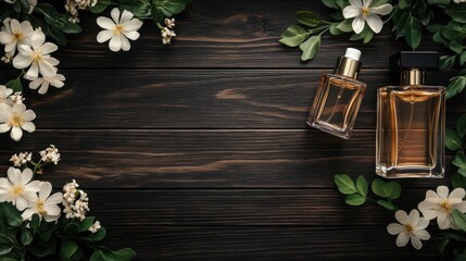 Floral Perfume Bottles on Dark Wood Background