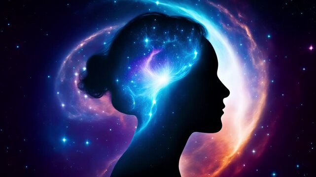 Young woman face, galaxy space head. Human inner peace, star light sky, life zen girl love, ai image. Brain heal, mind power. Soul think dream future, aura glow, mental body heart, self learn art idea