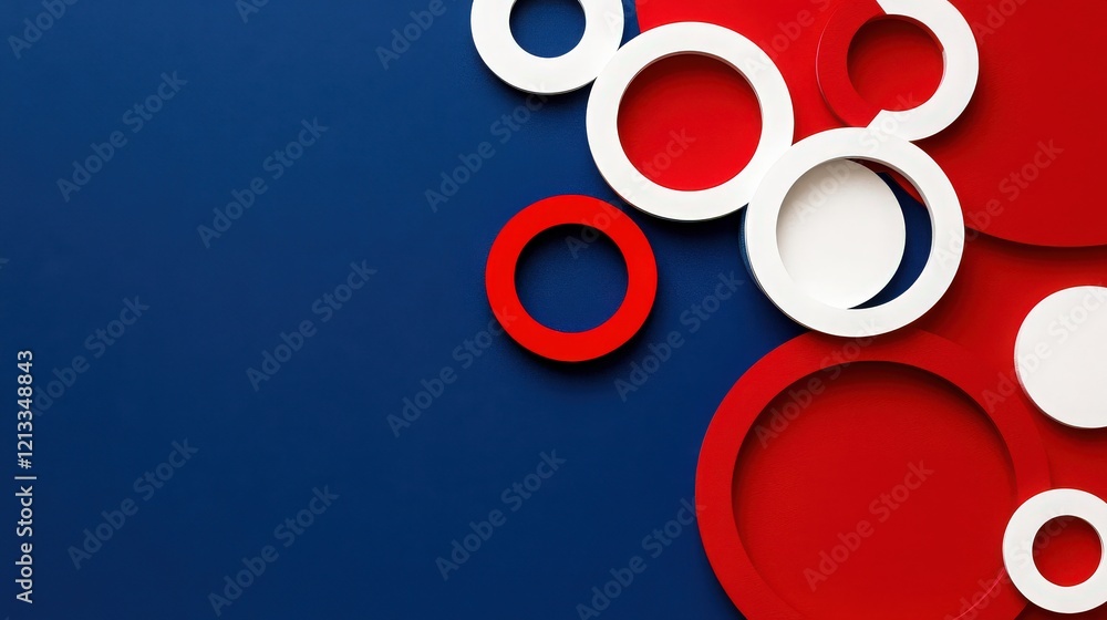 Poster red and white circles on blue background: an abstract composition featuring overlapping red and whit
