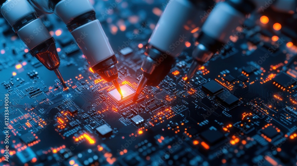 Poster robotic arms precisely install a microchip onto a circuit board. illustrates automation in advanced 
