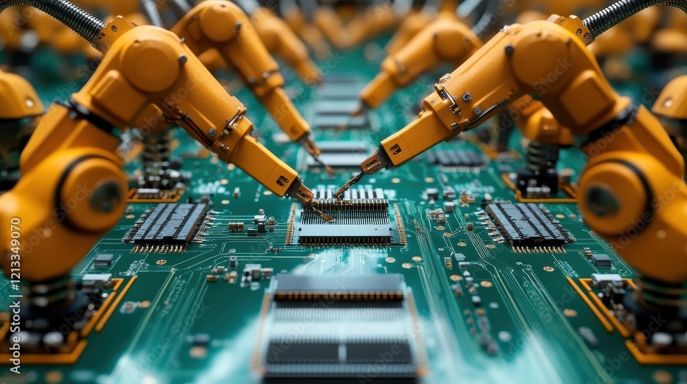 Poster close-up of robotic arms assembling circuit board. illustrates automated manufacturing and technolog