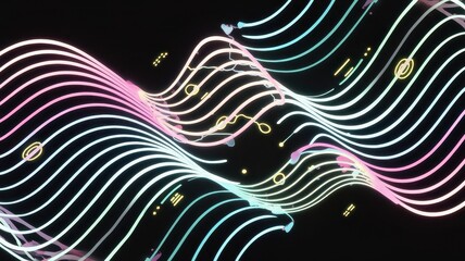 Vibrant abstract waves in neon pink and teal against a dark background evoke a sense of rhythm and flow, creating a dynamic visual experience.