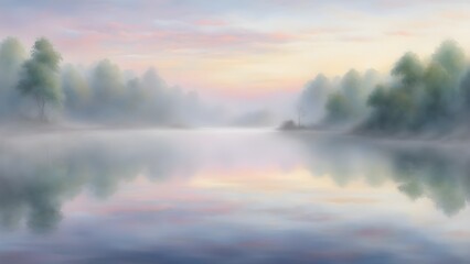 Serene pastel sunrise over a misty lake reflected in calm water, surrounded by fog-shrouded trees.