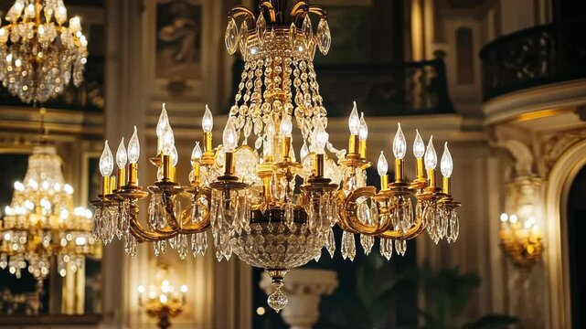 Captivating elegance of a grand chandelier illuminating a luxurious ballroom in the evening. Generative AI