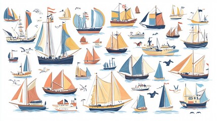 Vivid Hand-Drawn Sailing Ships Doodle Set on White Background
