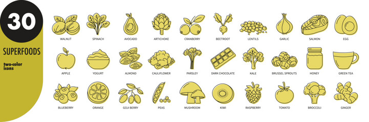 Superfoods, healthy food, detox, diet thin line icons set with bright green fill. Kale, berries, spinach, parsley, nuts, beetroot, ginger, salmon, peas, honey. Outline icons, vector illustration
