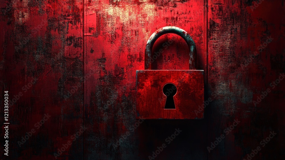 Aufkleber hacking threats and security awareness in cyber crime with red lock symbol and caution sign