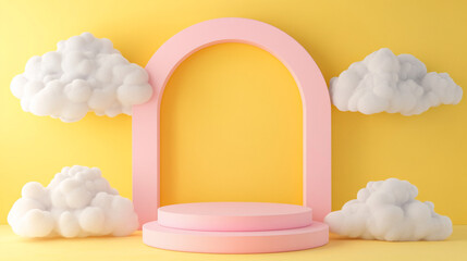 Pink arch and podium with clouds on yellow background.