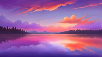 Vibrant sunset over a tranquil lake reflected in the still water, framed by silhouetted trees and distant mountains.