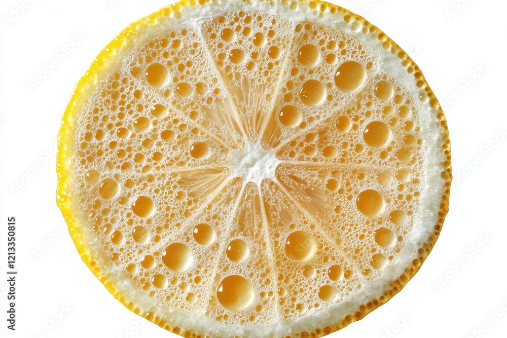 Poster close-up of a lemon slice covered in bubbles. perfect for refreshing beverage or citrus concepts.