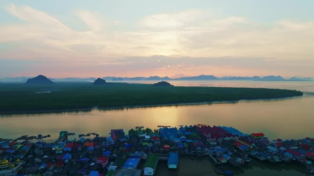 Aerial view of Panyee island in Phang Nga Thailand,High angle view Floating village, Koh Panyee fishing village island in Phang Nga, Thailand