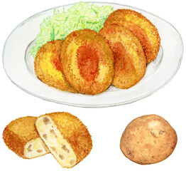 手描き水彩のコロッケとじゃがいもイラストセット, Hand-painted Watercolor Croquette and Potato Illustration Set