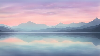 Fototapeta premium Serene pastel mountains reflected in a calm lake at sunset.