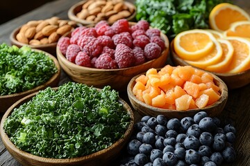 Wide variety diet-friendly foods including fruits, nuts, and greens styled on a rustic wooden table
