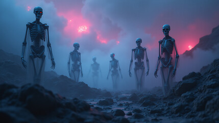 Fototapeta premium Twilight in the Valley: An Eerie Glow on Ancient Skeletal Remains
