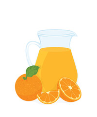 Jug of orange juice and orange fruits on white background, stock illustration