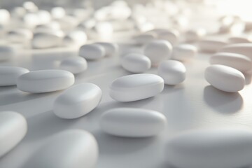 Close-up of many white pills on a surface.
