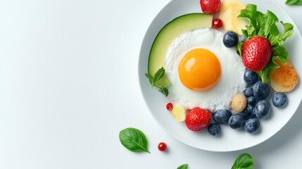 Colorful Healthy Breakfast Plate with Fresh Fruits and Egg Yolk