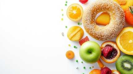 Naklejka premium Fresh Fruits and Bagel Arrangement on a Bright White Background