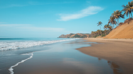 Scenic Beach With Palm Trees and Waves Under a Bright Blue Sky