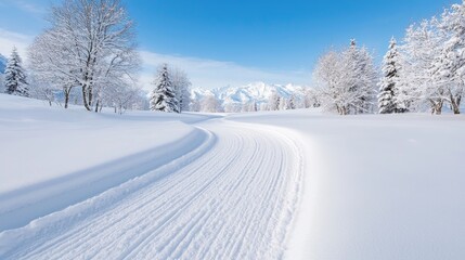 Fototapeta premium Snowy cross-country ski trail, alpine mountains background, winter sports activity
