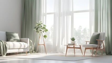 Bright, airy living room interior with white sofa and armchair, sage green curtains and throw pillows, and a small wooden coffee table, bathed in natural sunlight.