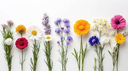 Fototapeta premium Colorful variety of fresh wildflowers arranged in a neat row against a clean white background.
