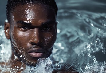 Fototapeta premium man practicing biohacking, tacking cold ice bath, snowy environment, focusing on cold exposure therapy to enhance physical and mental well-being